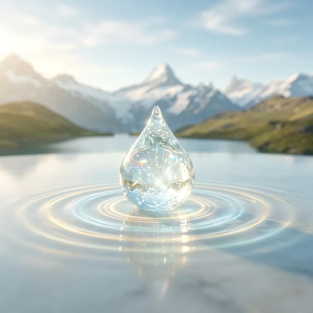 Ein schimmernder Geltropfen auf glatter Oberfläche vor verschwommener, schneebedeckter Alpenlandschaft mit goldenen Lichtwellen. 2