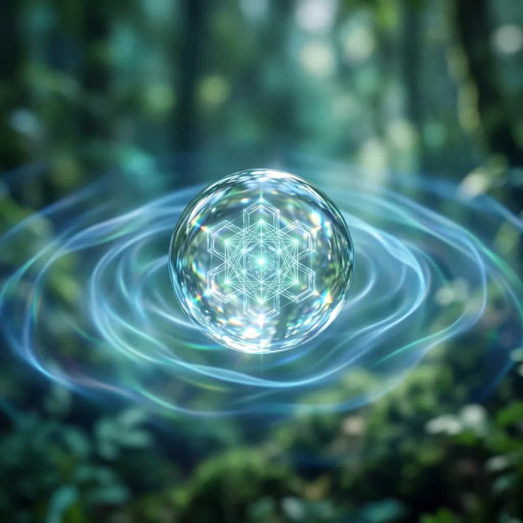 Ein schwebender Wassertropfen mit hexagonalem Kristallgitter über sanften blauen Energiewellen vor grünem Waldhintergrund. 2