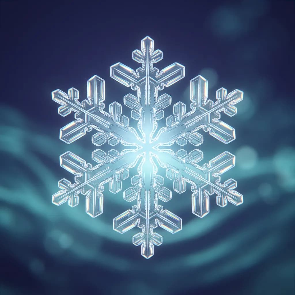 Symmetrischer Wasserkristall mit komplexen geometrischen Mustern vor tiefblauem Hintergrund mit sanften Wellen.