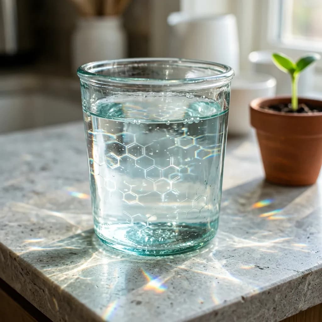 Glasgefäß mit Wasser und hexagonalen Mustern auf einem Steintisch neben einem kleinen Pflanzenspross.