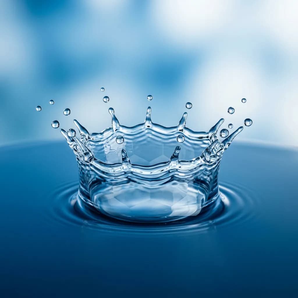 Ein einzelner Wassertropfen bildet beim Aufprall auf eine blaue Oberfläche eine symmetrische Krone.