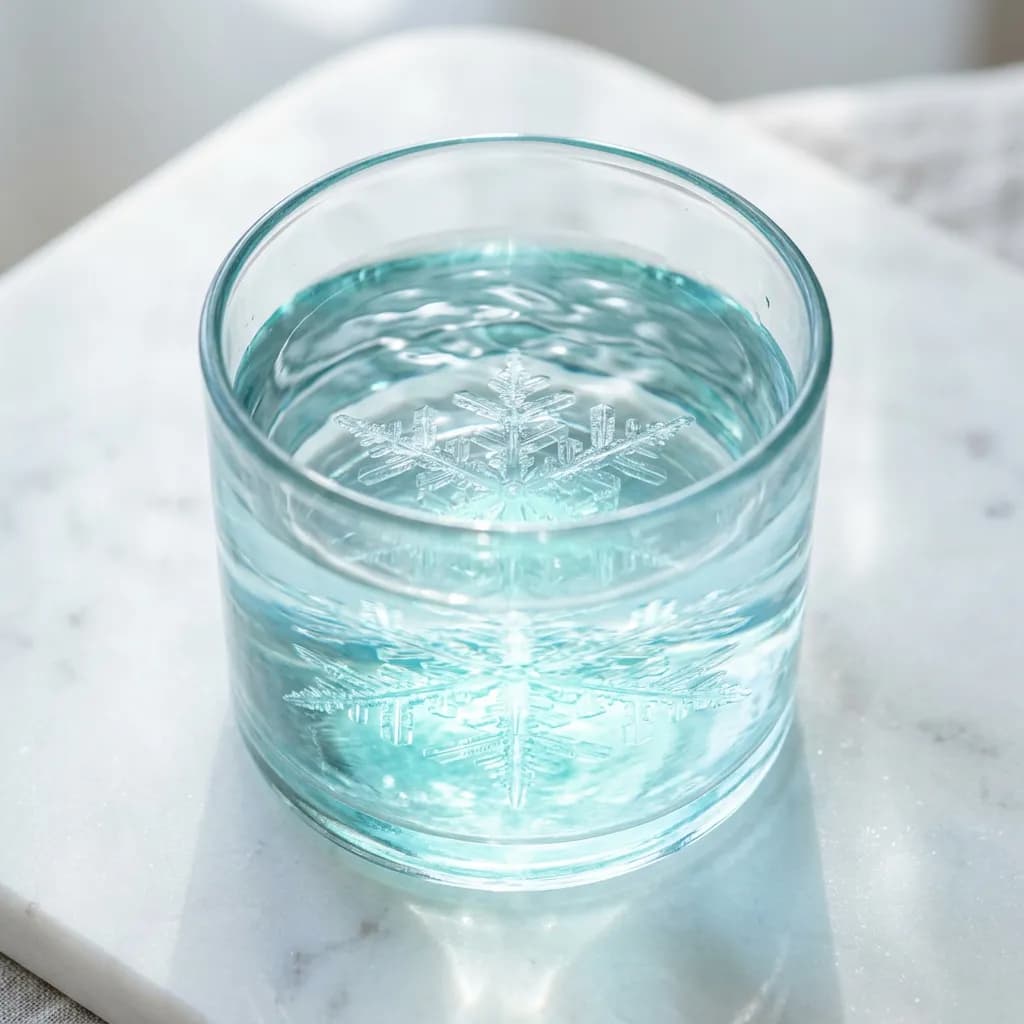 Gläsernes Gefäß mit Wasser, das im Inneren eine feine, geometrische Kristallstruktur in Schneeflockenform zeigt.
