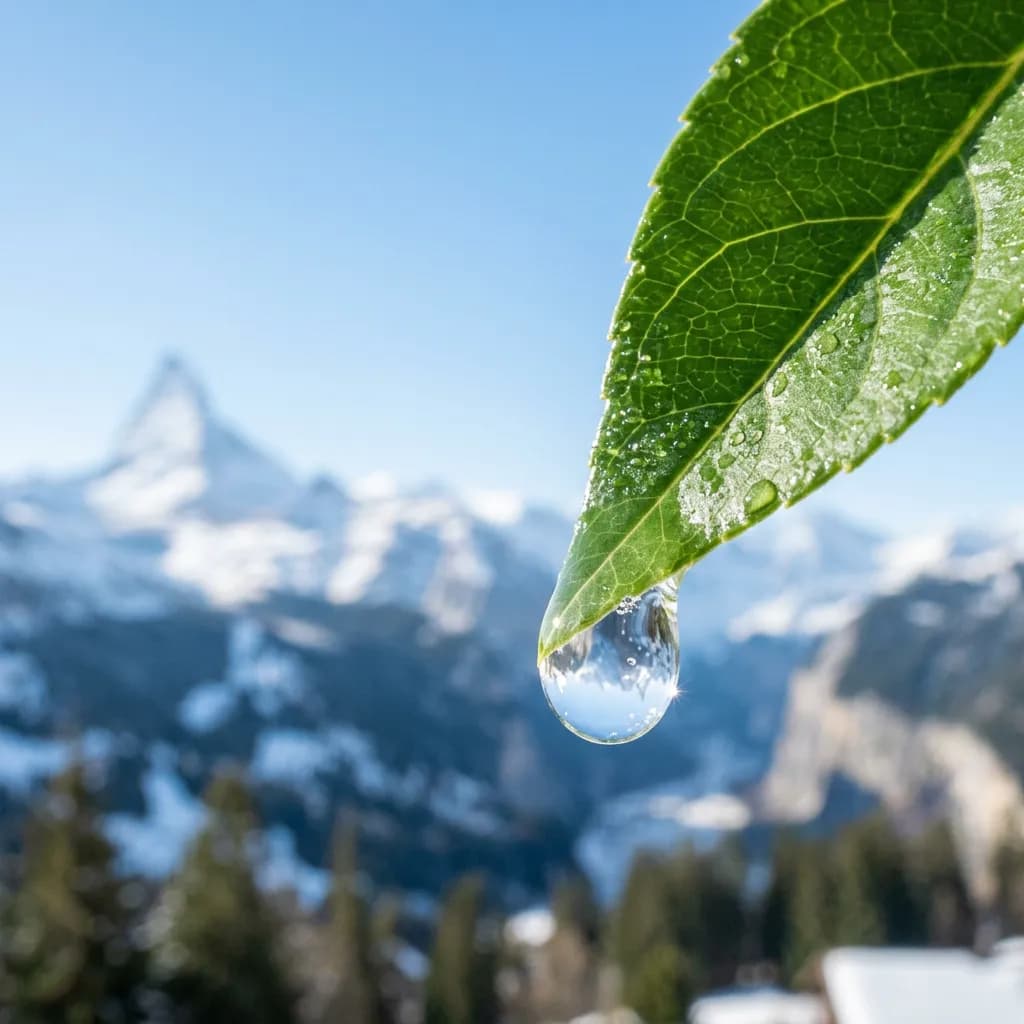 Kristalliner Geltropfen auf einer grünen Blattspitze vor verschwommenen, schneebedeckten Berggipfeln.